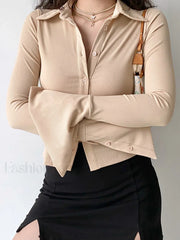 Polo Neck Long Sleeve Rib Blouse Long Sleeves