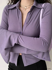 Polo Neck Long Sleeve Rib Blouse Long Sleeves