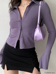 Polo Neck Long Sleeve Rib Blouse Long Sleeves