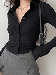 Polo Neck Long Sleeve Rib Blouse Long Sleeves