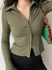 Polo Neck Long Sleeve Rib Blouse Long Sleeves