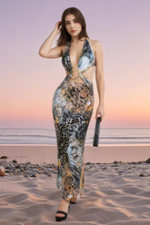 Printed Hollow Snake Pattern Sexy Perspective Floral Dress Brown / XS