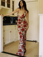 Printed Lace Up Maxi Dress Red / L