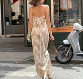 Printed Spaghetti Backless Maxi Dress APRICOT / S