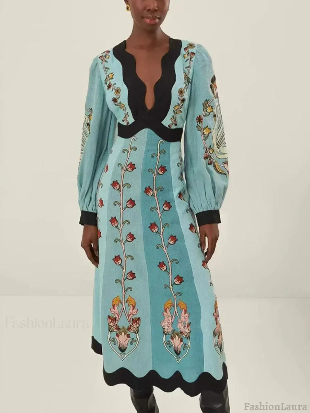 Printed Trumpet Sleeve Boho Dress