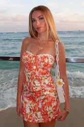 Printed Tube Top Hip Skirt Vacation Floral Dress Orange / XS