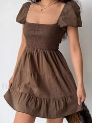 Puff Sleeve Smocked Mini Dress Brown / S Mini Dresses