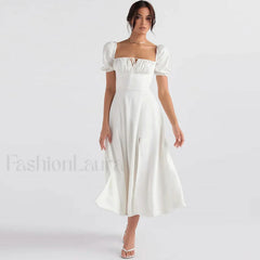 Puff Sleeve Tie Front High Split Off Shoulder Midi Sundress White S / White Off Shoulder Dresses