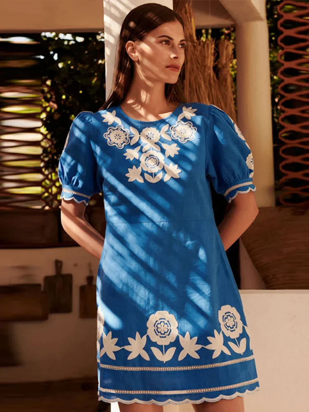 Puff Sleeve Wave Hem Boho Dress