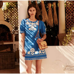 Puff Sleeve Wave Hem Boho Dress Blue / S