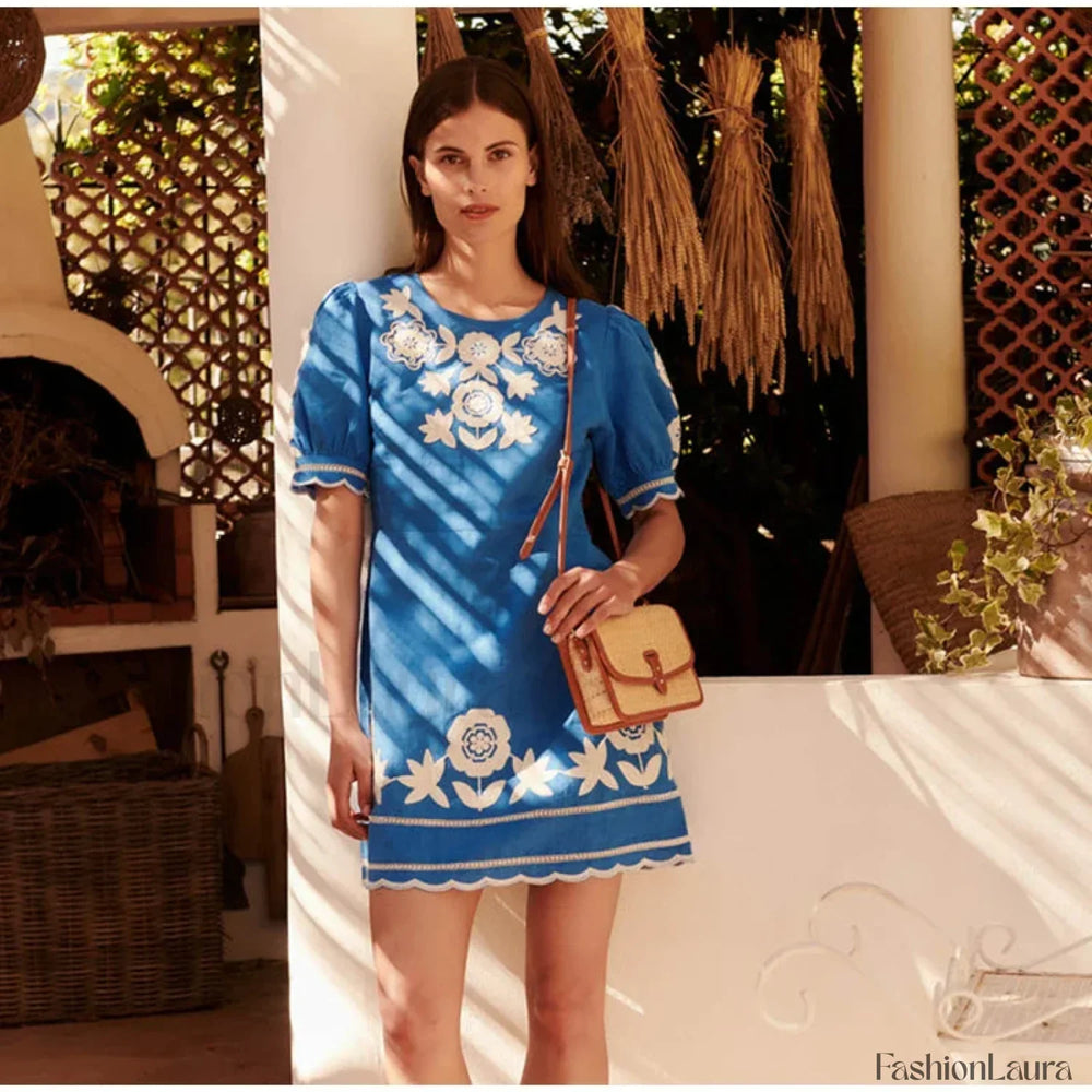 Puff Sleeve Wave Hem Boho Dress Blue / S