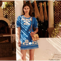 Puff Sleeve Wave Hem Boho Dress Blue / S