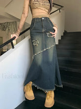 Raw Trim Mermaid Hem Washed Jean Long Skirt Blue / S