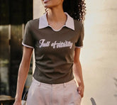 Retro Letter Tight Pullover Polo T Shirt Coffee color / S