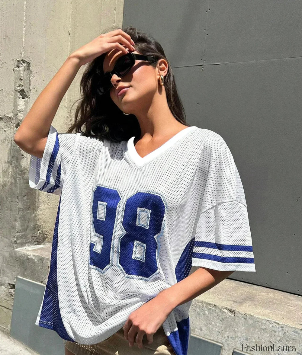 Retro Patchwork 98 Print V Neck T Shirt blue / XXS