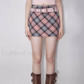 Retro Plaid High Waist Skirt Pink / S