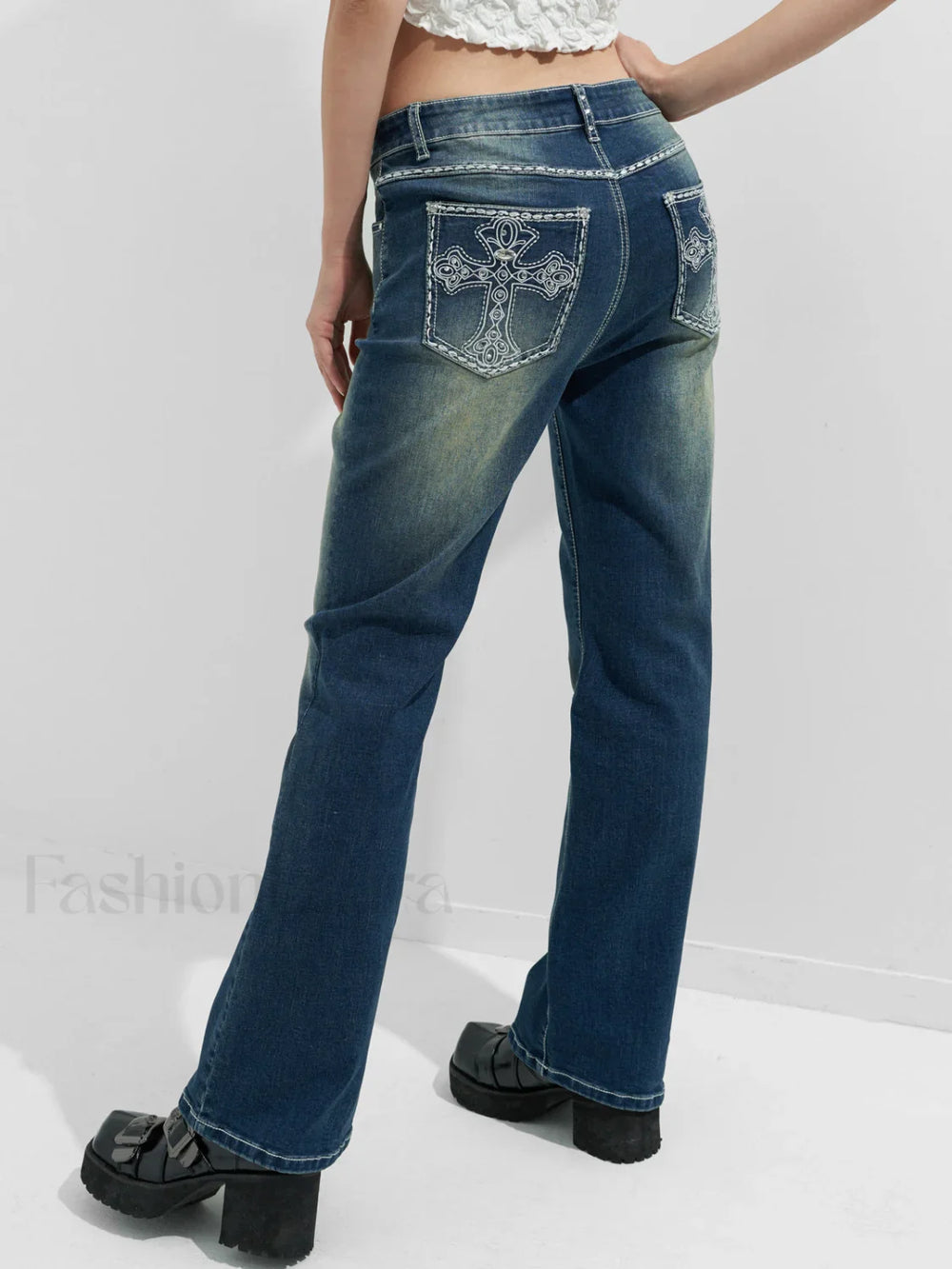 Rhinestone Chrome Hearts Flare Leg Jeans Blue / S Flare Jeans