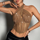 Rhinestone Mesh Corset Crop Top BROWN / S