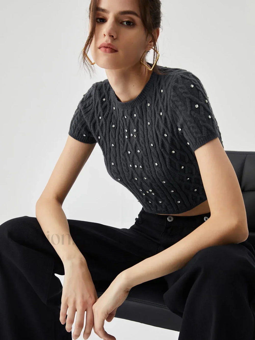 Rhinestones Decor Cable Trendy Knit Crop Top Grey / S Sweaters L