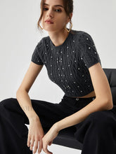Rhinestones Decor Cable Trendy Knit Crop Top Grey / S Sweaters L