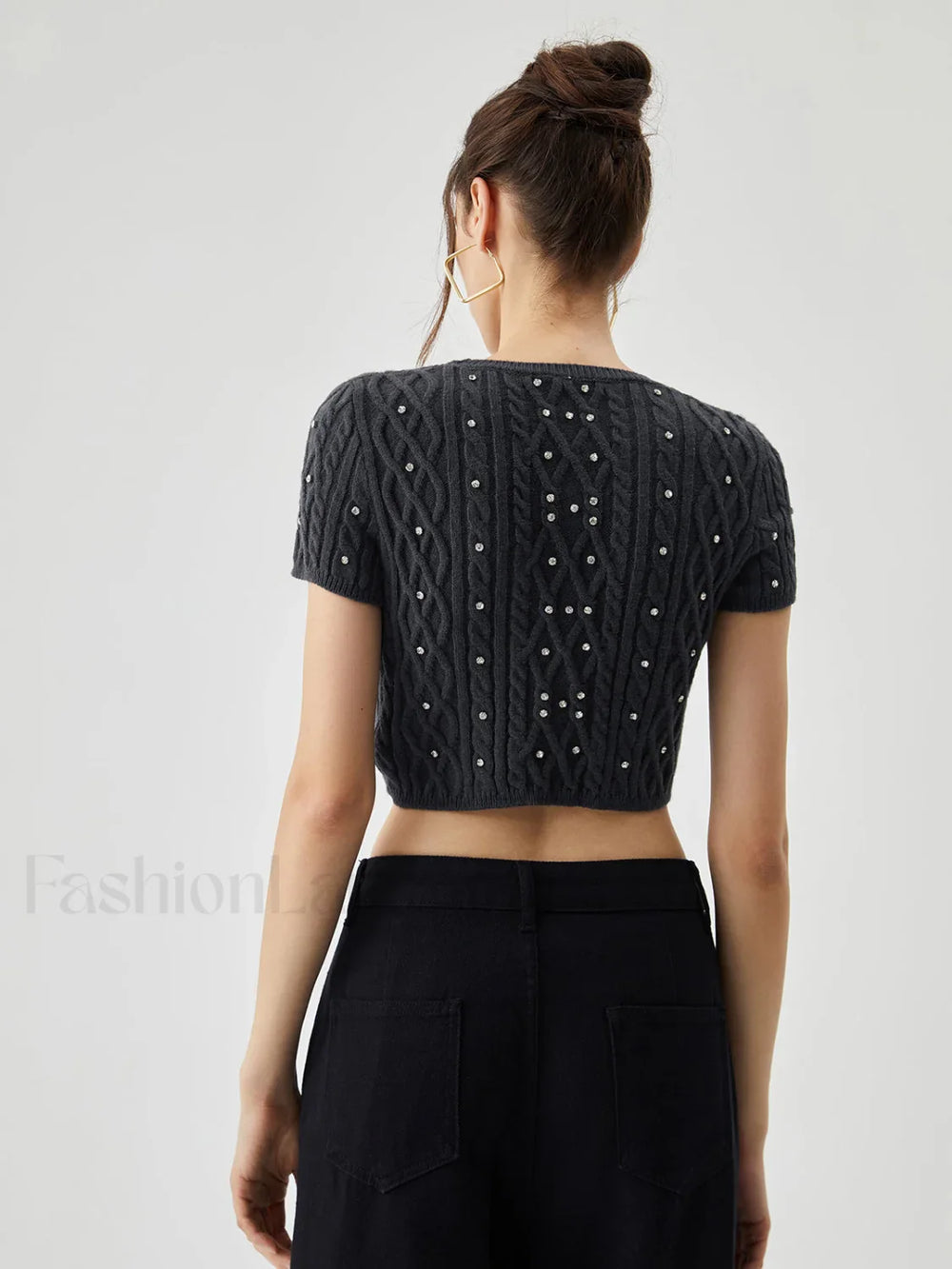 Rhinestones Decor Cable Trendy Knit Crop Top Sweaters L