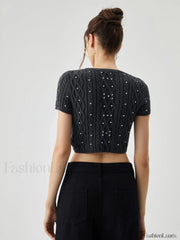 Rhinestones Decor Cable Trendy Knit Crop Top Sweaters L
