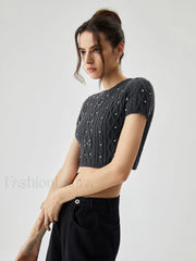 Rhinestones Decor Cable Trendy Knit Crop Top Sweaters L