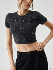 Rhinestones Decor Cable Trendy Knit Crop Top Sweaters L