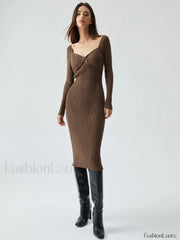 Ribbed Knit Bodycon Trendy Wrap Sweater Midi Dress Dark Brown / S Sweaters L