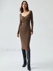 Ribbed Knit Bodycon Trendy Wrap Sweater Midi Dress Dark Brown / S Sweaters L