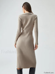 Ribbed Knit Contrast Trim Modern Collared Sweater Midi Dress Sweaters L