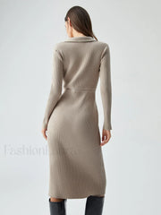 Ribbed Knit Contrast Trim Modern Collared Sweater Midi Dress Sweaters L