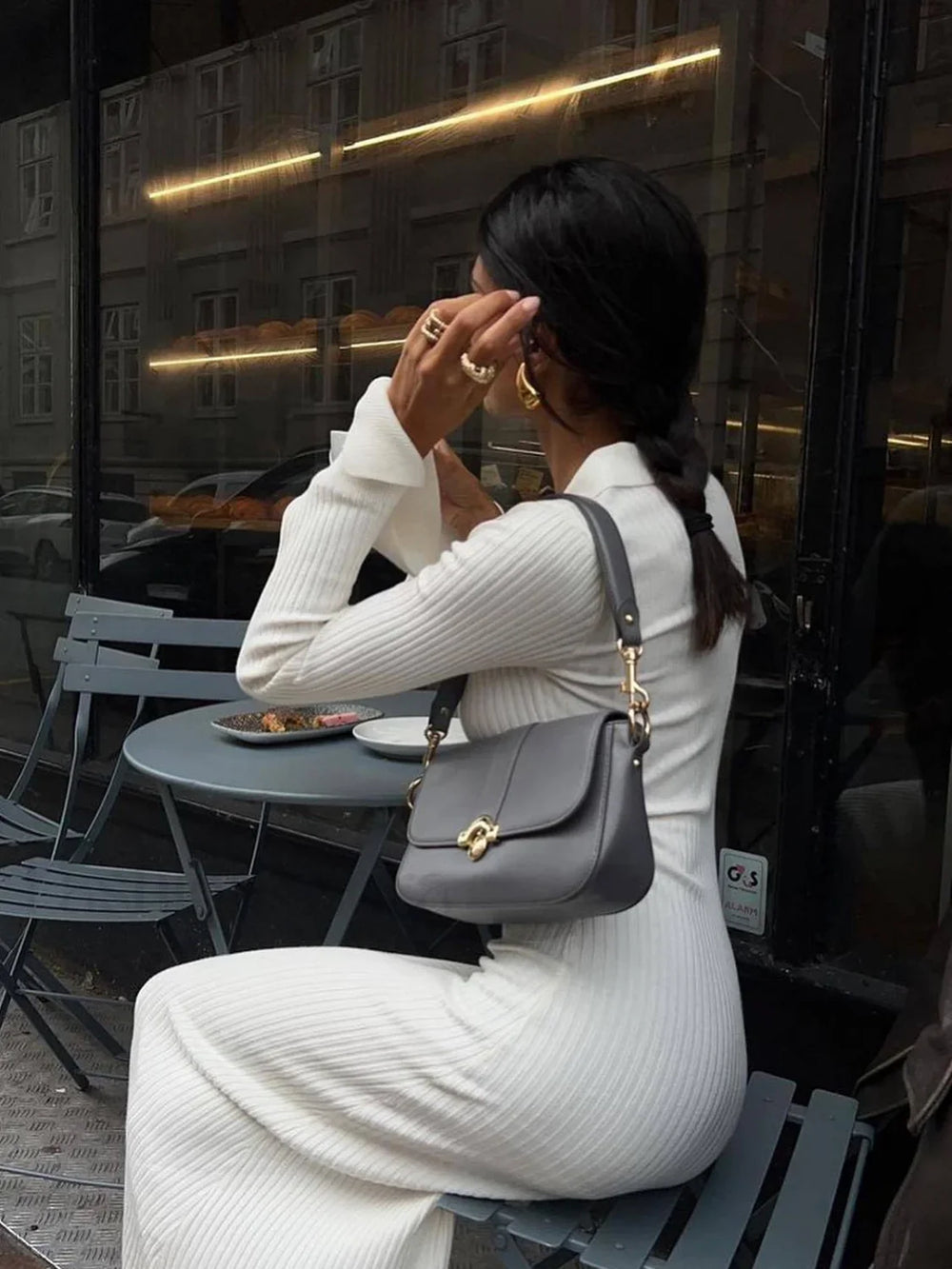 Ribbed Knit Long Sleeve Modern V neck Collar Long Dress Sweaters L