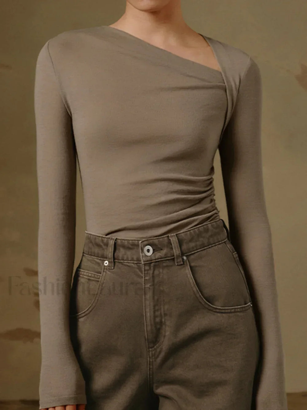 Ribbed Knit Long Trendy Sleeve Asymmetric Shirt Apricot / XS T Shirts