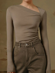 Ribbed Knit Long Trendy Sleeve Asymmetric Shirt Apricot / XS T Shirts