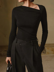 Ribbed Knit Long Trendy Sleeve Asymmetric Shirt Black / XS T Shirts