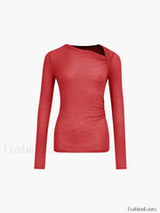 Ribbed Knit Long Trendy Sleeve Asymmetric Shirt Red / XS T Shirts