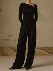 Ribbed Knit Long Trendy Sleeve Asymmetric Shirt T Shirts