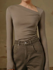 Ribbed Knit Long Trendy Sleeve Asymmetric Shirt Apricot / XS T Shirts