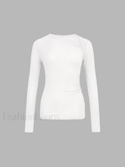Ribbed Knit Long Trendy Sleeve Asymmetric Shirt White / XS T Shirts