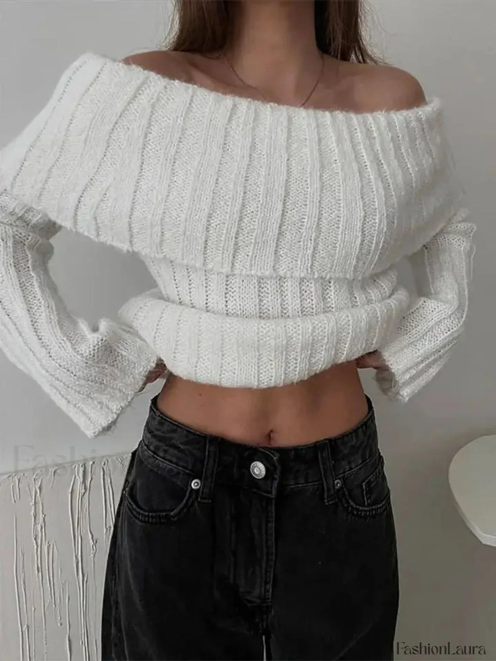 Ribbed Knit Overfold Trendy Off Shoulder Knit Top Sweaters L