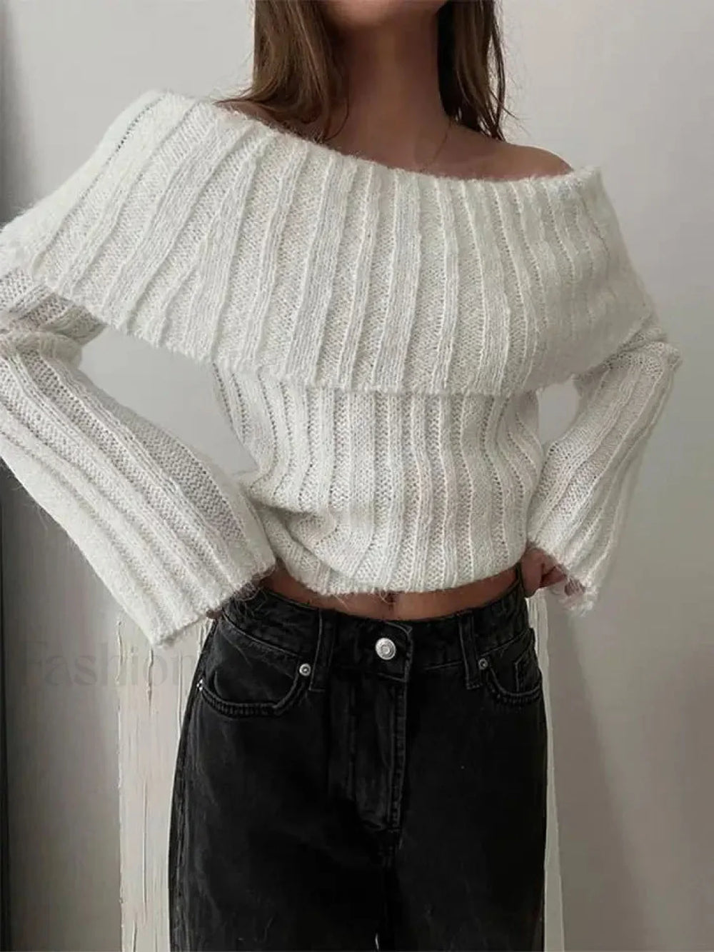 Ribbed Knit Overfold Trendy Off Shoulder Knit Top Sweaters L