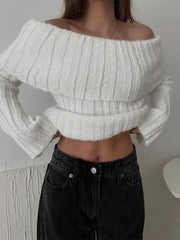 Ribbed Knit Overfold Trendy Off Shoulder Knit Top Sweaters L