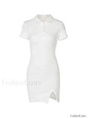 Ribbed Short Sleeve Slit Mini Dress Mini Dresses