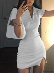 Ribbed Short Sleeve Slit Mini Dress White / S Mini Dresses