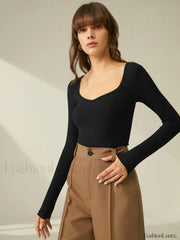 Ribbed Sweetheart Graceful Long Sleeve Top T Shirts