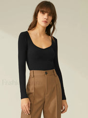 Ribbed Sweetheart Graceful Long Sleeve Top Black / XS T Shirts