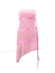 Ribbon Embellish Asymmetric Bandeau Mini Dress Mini Dresses