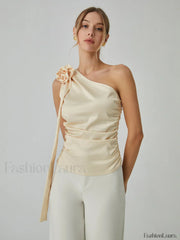 Rosette One Shoulder Trendy Off Tank Top Champagne / XS Tank Tops & Camis