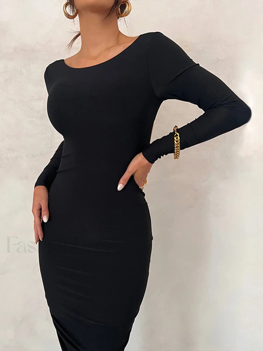 Ruched Open Back Trendy Long Sleeve Maxi Dress Black / XS Dresses